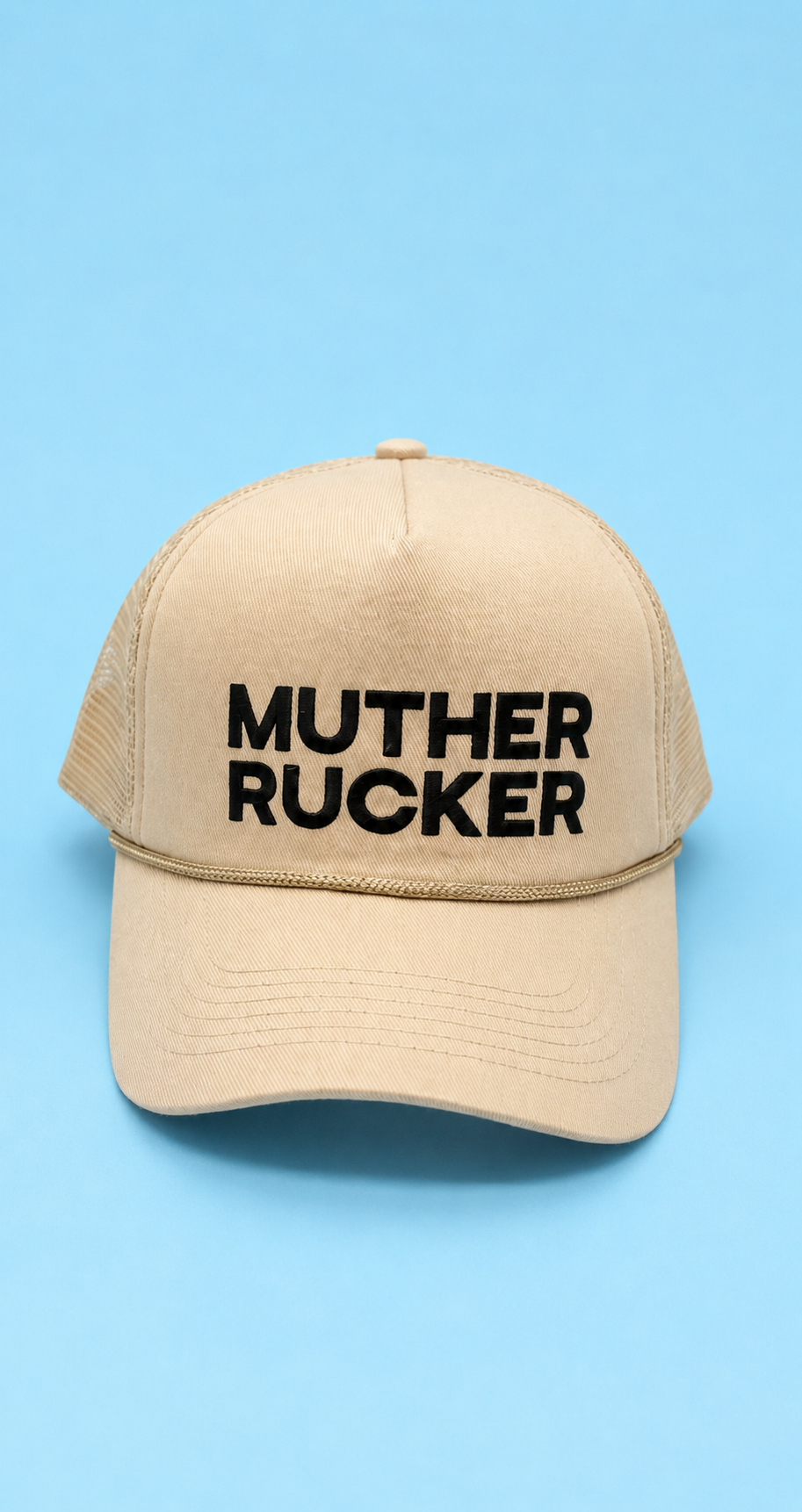 Sand Muther Rucker trucker hat with black lettering